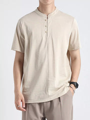 Men's caramel buttoned henley t-shirt with band collar and short sleeves