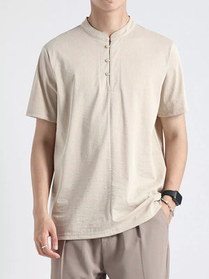 Men's caramel buttoned henley t-shirt with band collar and short sleeves
