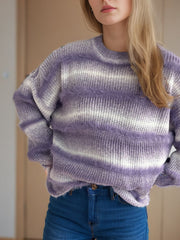 Lilac ombre stripe fluffy knit crewneck jumper with horizontal fur trim details.