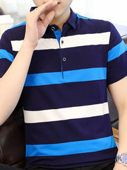 Men's navy blue cotton polo with white and sky blue horizontal stripes, buttoned collar.