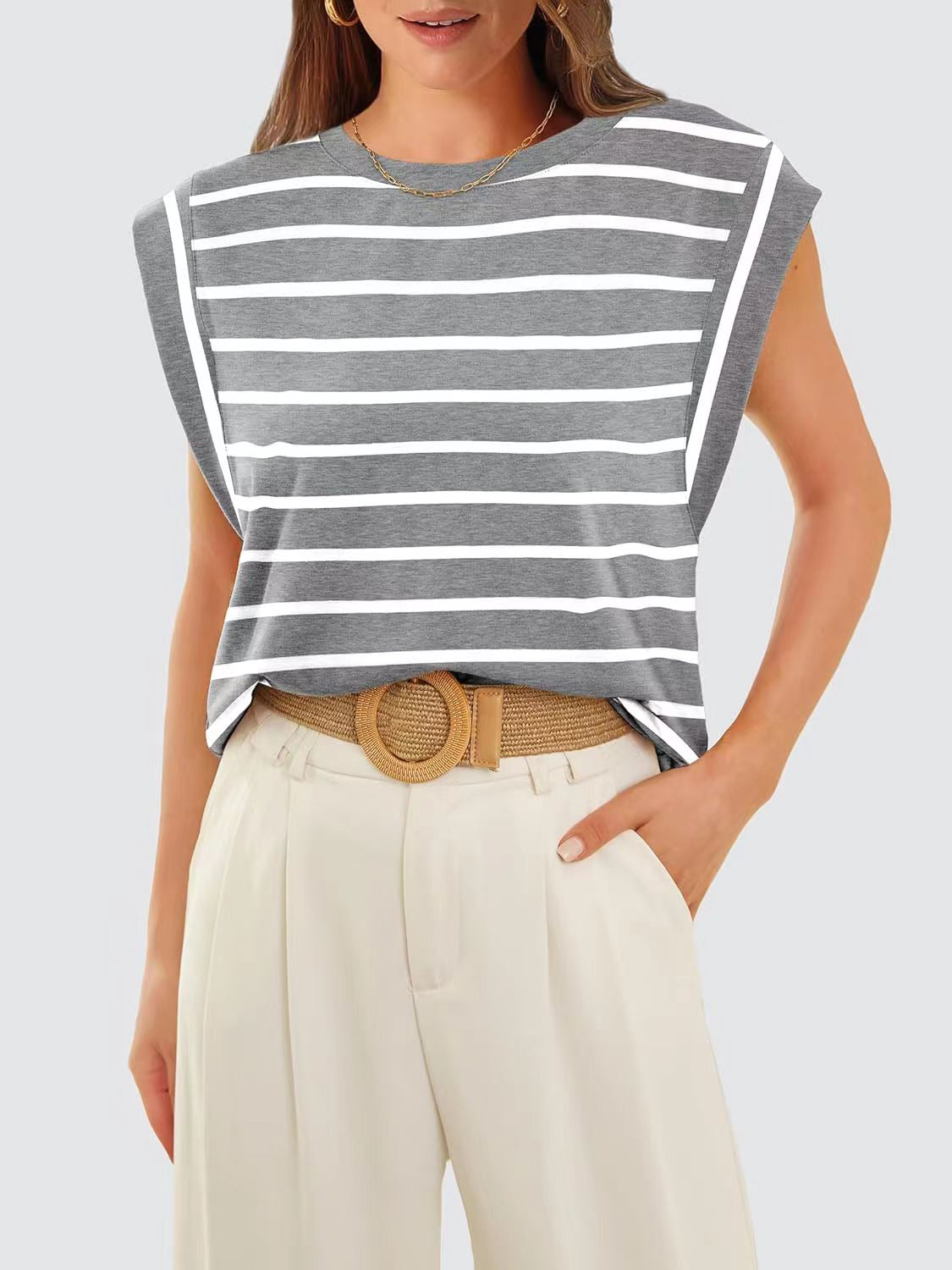 Padded shoulder tank top with breton stripes in grey and white, cap sleeves.