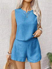 Blue textured two-piece set with V-notch sleeveless top and shorts