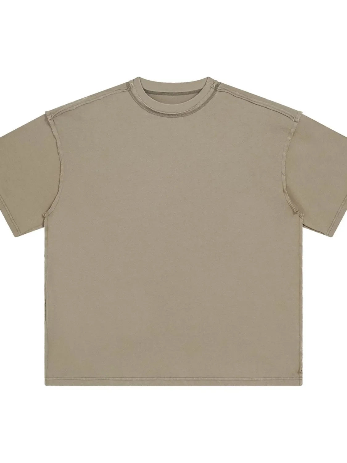 Beige washed cotton t-shirt with raw seams and crew neck.