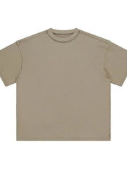 Beige washed cotton t-shirt with raw seams and crew neck.