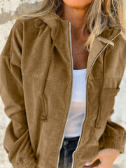 Camel corduroy zip-up hoodie with drawstring hood and pockets.