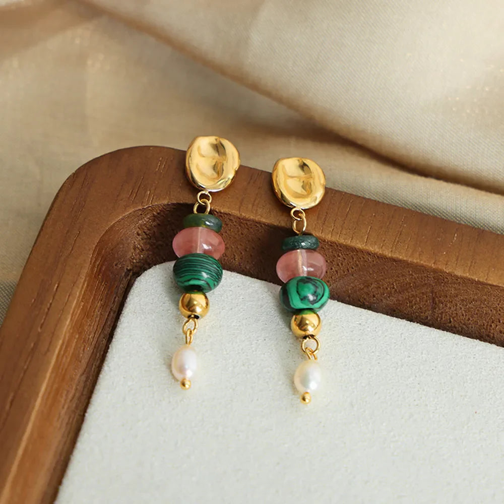 Stacked gemstone and pearl dangle earrings with 18K gold plating.
