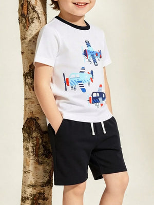 Toddler airplane print outfit, black, comfortable casual set.