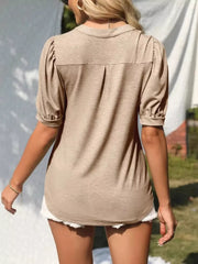 Camel puff sleeve t-shirt with notched V-neck and back pleat detail.