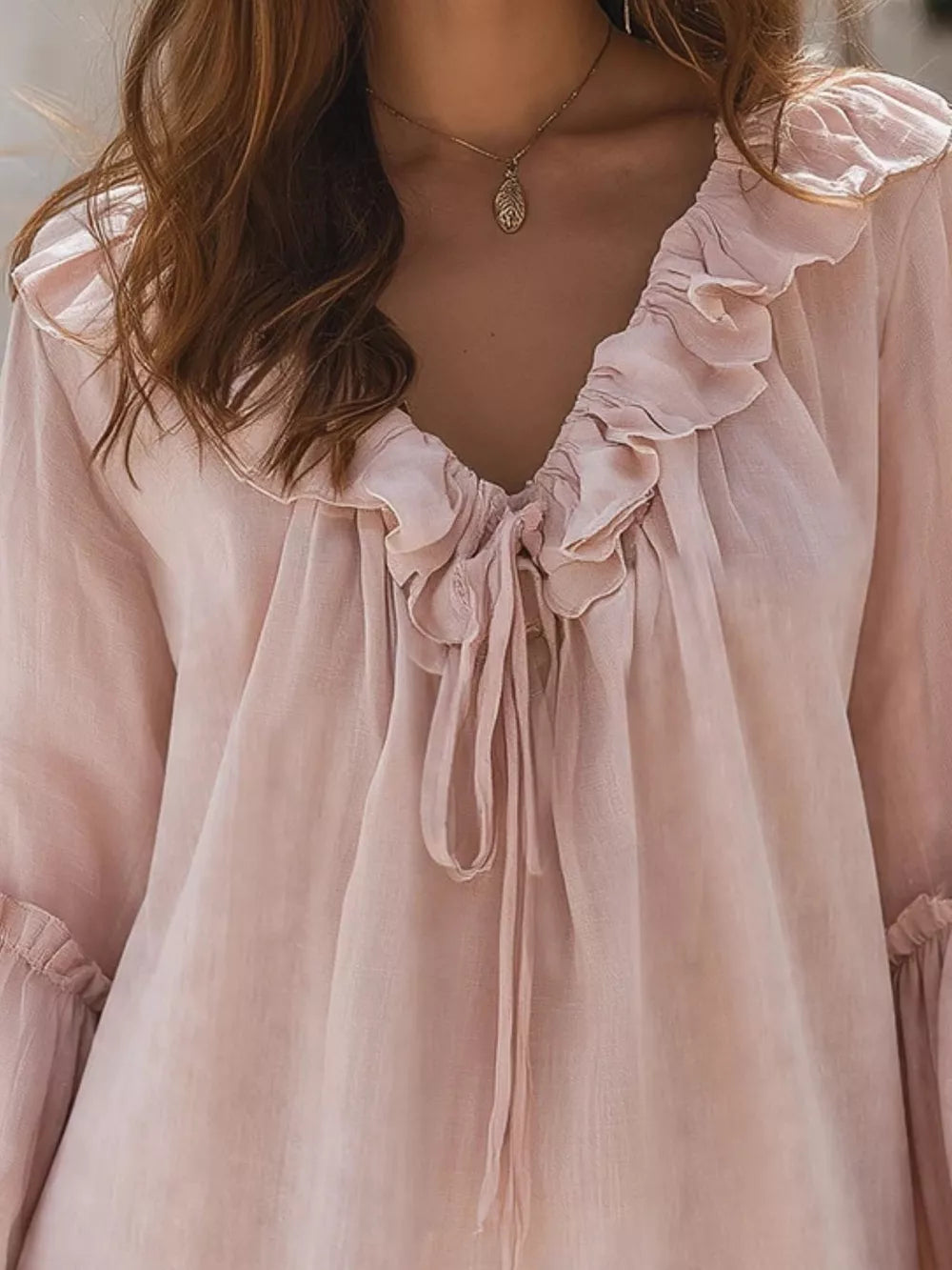 Ruffled Tie Front Flounce Sleeve Blouse in Blush Pink, side view