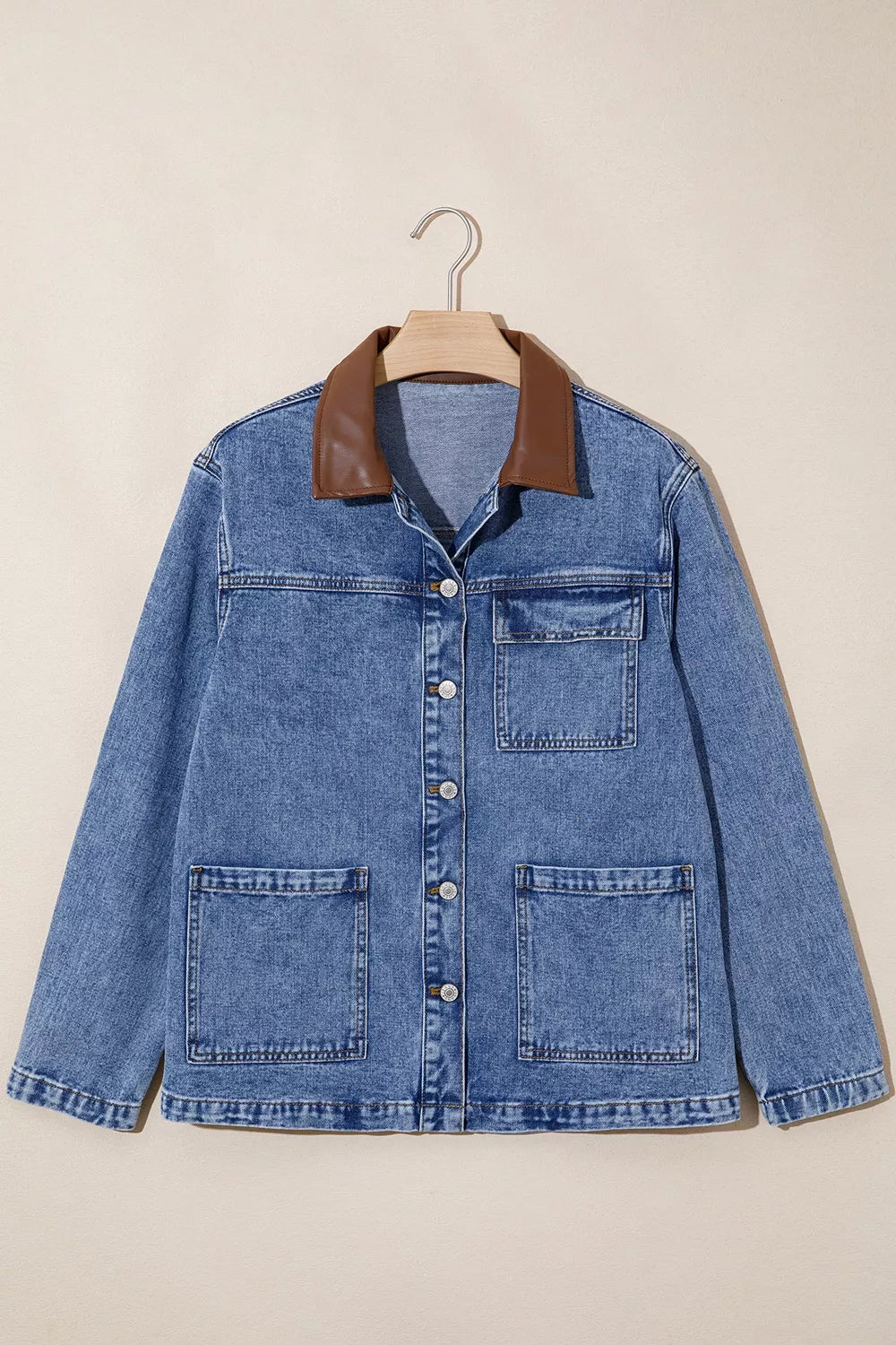 Patchwork Leather Collar Denim Jacket in Dusty Blue, close-up detail