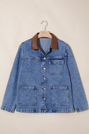 Patchwork Leather Collar Denim Jacket in Dusty Blue, close-up detail