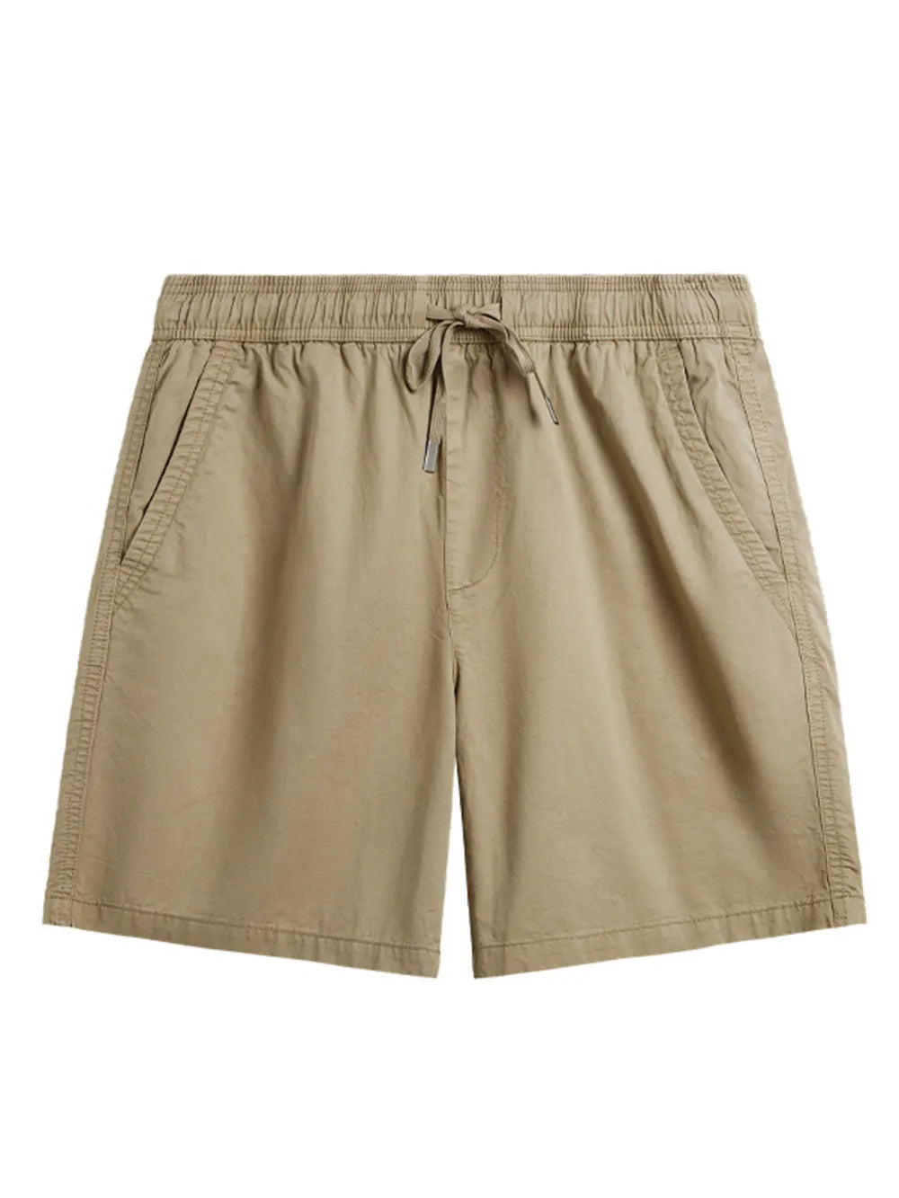 Men's khaki chino shorts with drawstring waist and side pockets.