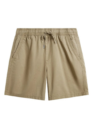Men's khaki chino shorts with drawstring waist and side pockets.