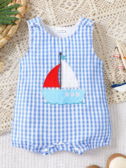Blue gingham baby one-piece with sailboat appliqué, sleeveless, round neck, comfortable fit.