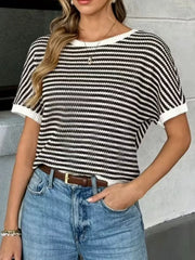 Striped Knit Relaxed Fit T-shirt in Blue, front view