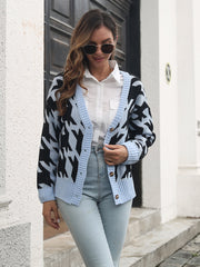Geometric houndstooth v-neck cardigan in Misty Blue acrylic with button front.