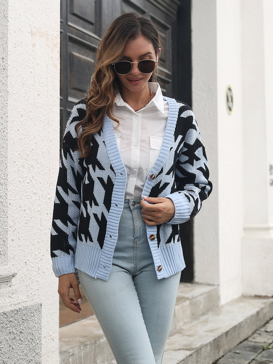 Geometric houndstooth v-neck cardigan in Misty Blue acrylic with button front.