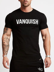 Black crew neck t-shirt with white VANQUISH graphic, short sleeves, and a casual fit.