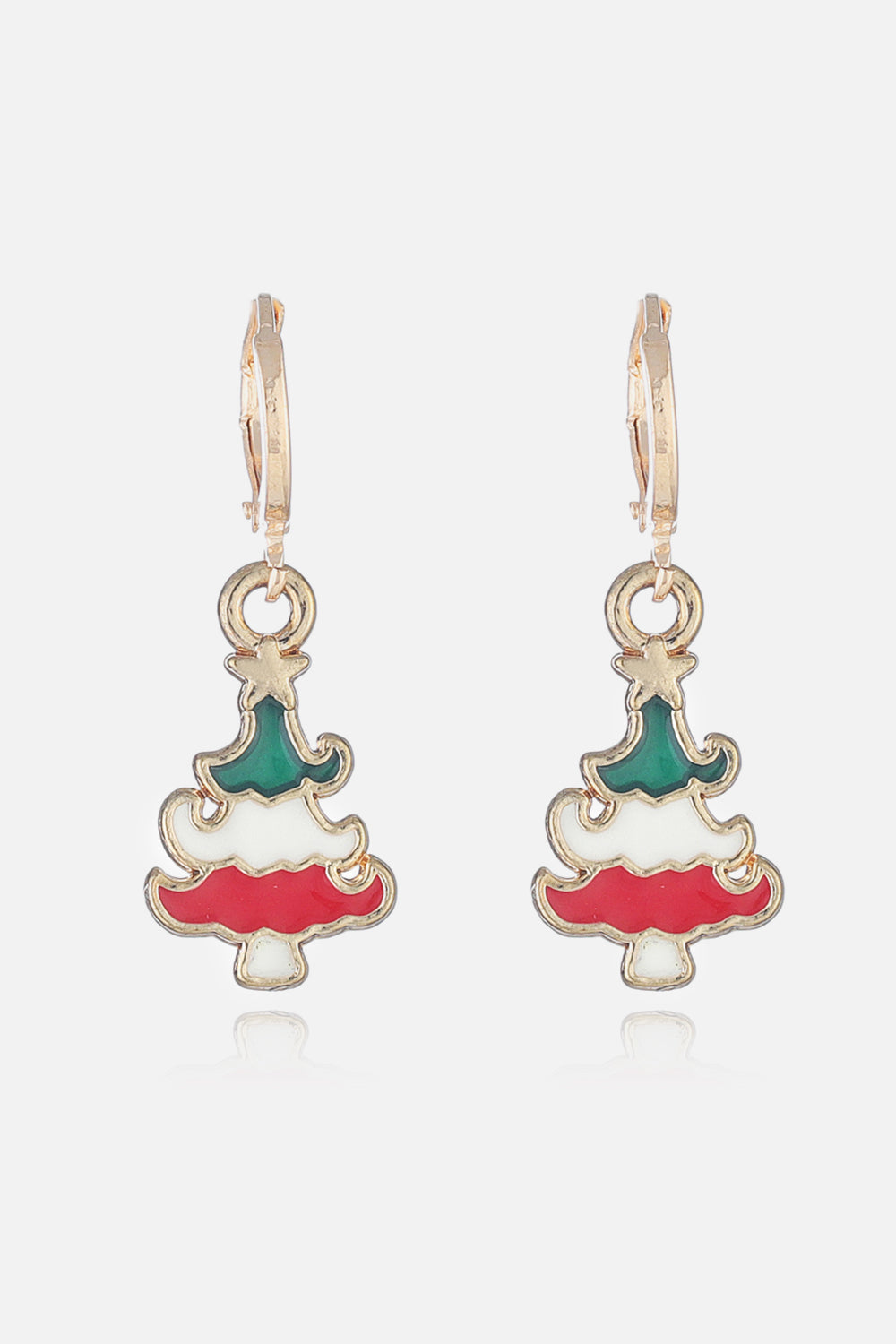 Festive Christmas tree hoop earrings with red, white, and green enamel detail.