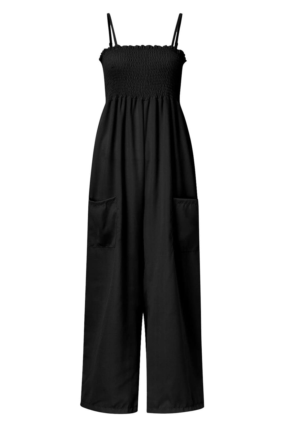 Black smocked bodice palazzo jumpsuit with spaghetti straps and side pockets.