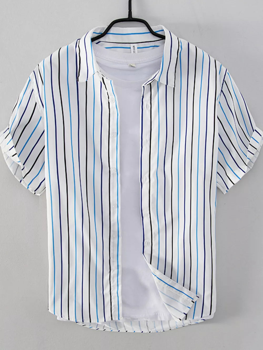 Men's Plus Size Striped Button Up Shirt in Coffee, model styling view