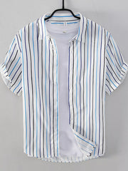 Men's Plus Size Striped Button Up Shirt in Coffee, model styling view