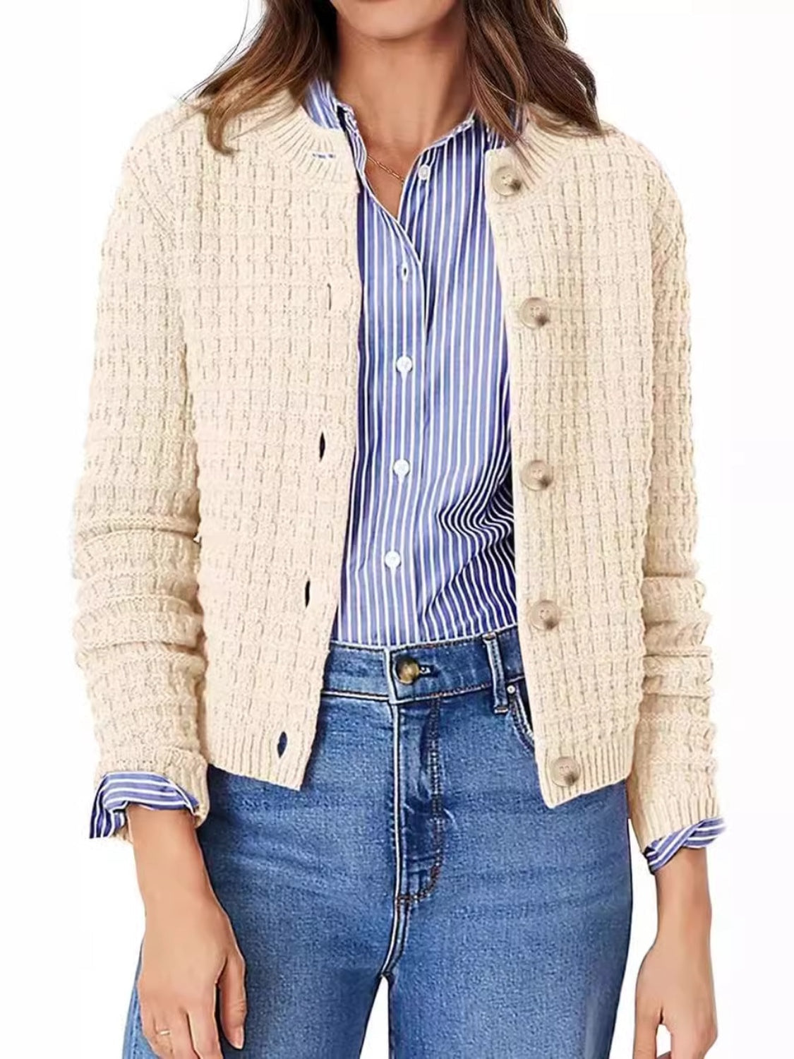 Textured knit button-up cardigan in tan with round neckline and button closure.