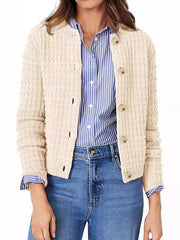 Textured knit button-up cardigan in tan with round neckline and button closure.