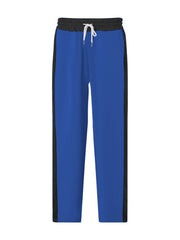 Men's royal blue sweatpants with black side stripes and drawstring waist.