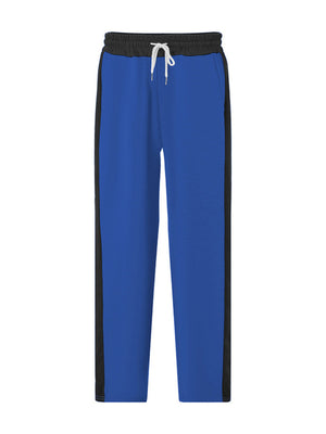 Men's royal blue sweatpants with black side stripes and drawstring waist.