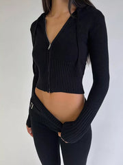 Zip Up Hooded Cardigan And Pants Sweater Set in Black, front view