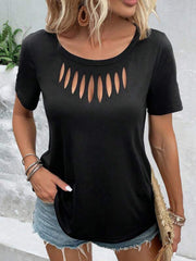 Black short-sleeve t-shirt with a cutout detail at the neckline.
