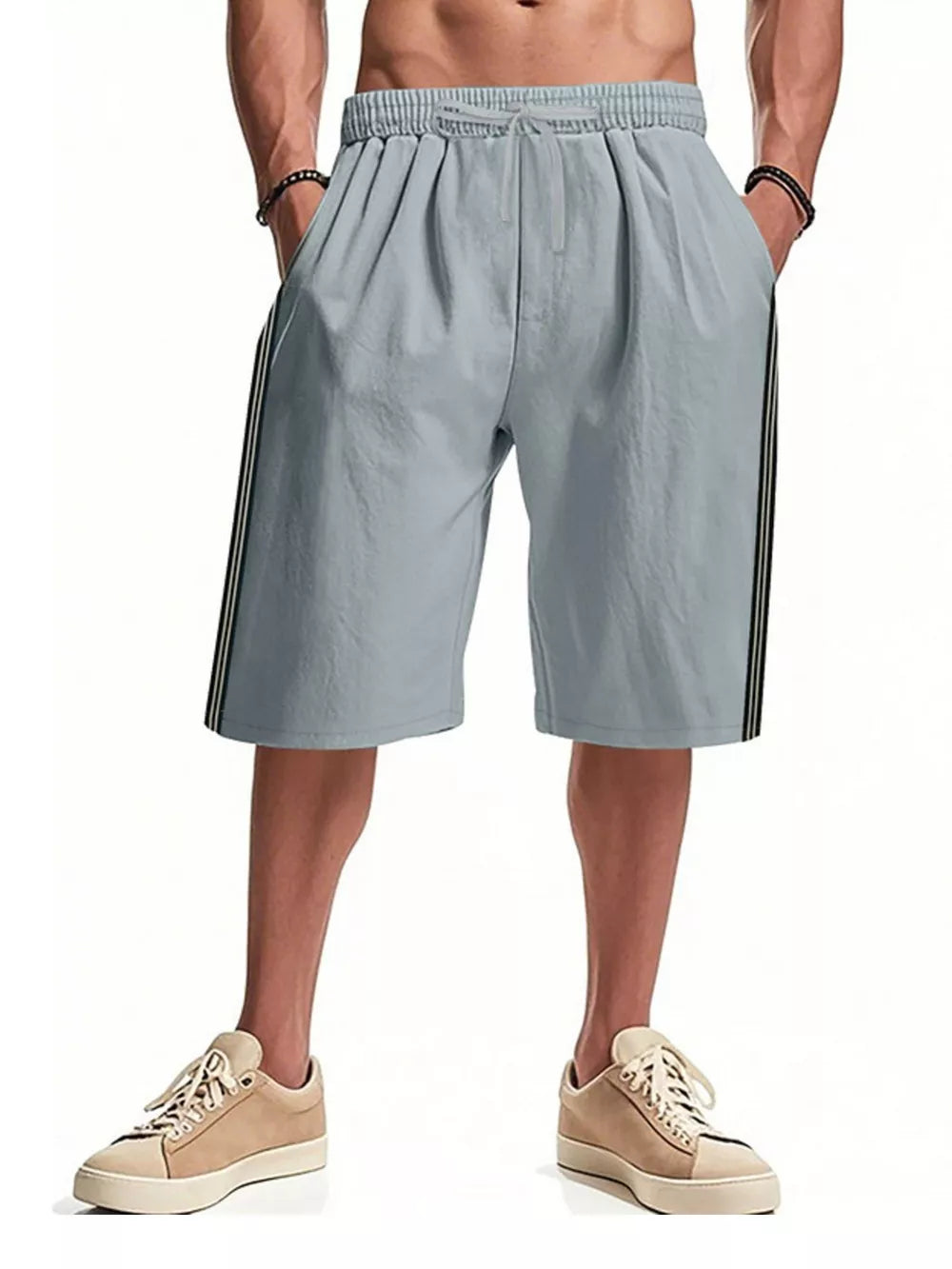 Light blue men's bermuda shorts with drawstring waist and side stripe detail.