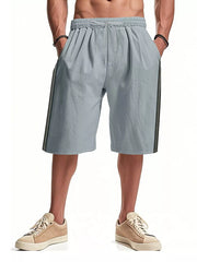 Light blue men's bermuda shorts with drawstring waist and side stripe detail.