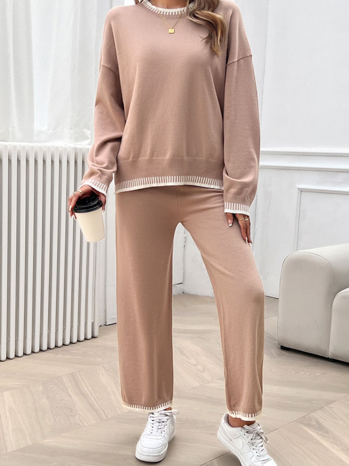 Pale Blush knit lounge set with ribbed trim on neckline, cuffs, and hem.