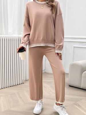 Pale Blush knit lounge set with ribbed trim on neckline, cuffs, and hem.