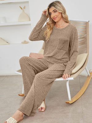 Camel ribbed knit lounge set with long sleeve top and pocket, and wide leg pants.
