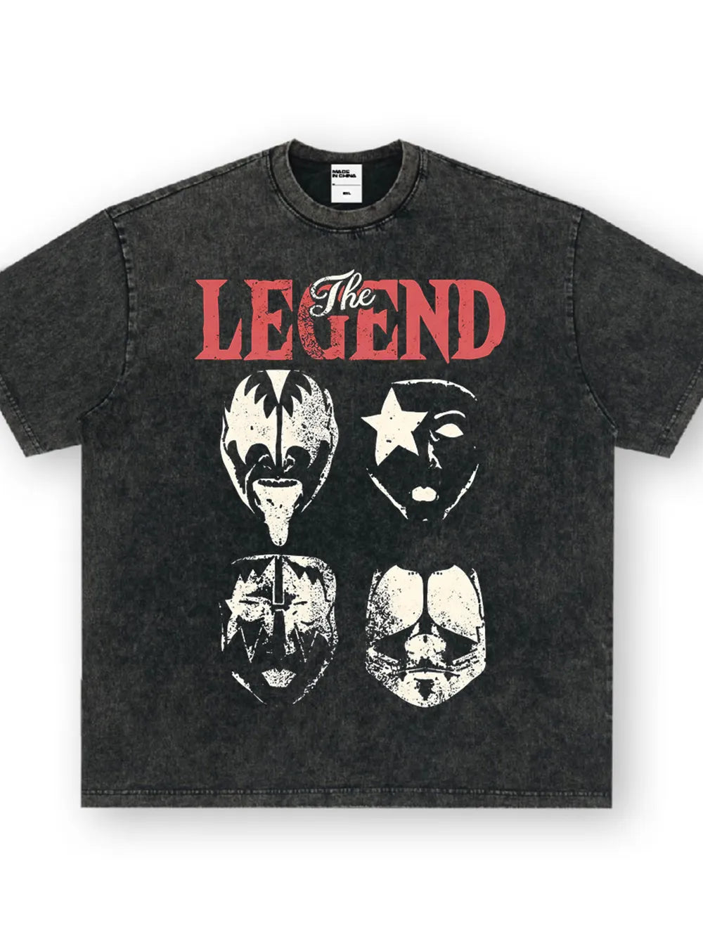 Distressed dark gray oversized graphic t-shirt with "The Legend" text and four mask graphics.