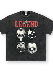 Distressed dark gray oversized graphic t-shirt with "The Legend" text and four mask graphics.