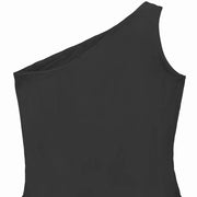 Black ruched one-shoulder evening dress with a sleek cut.