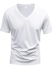 White V-neck t-shirt with short sleeves and a modern muscle fit.