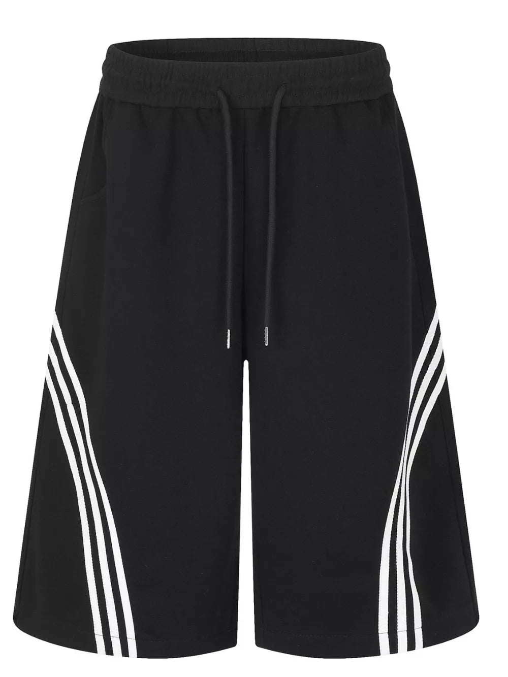 Black wide-leg cropped sweatpants with drawstring waist and white side stripe detail.