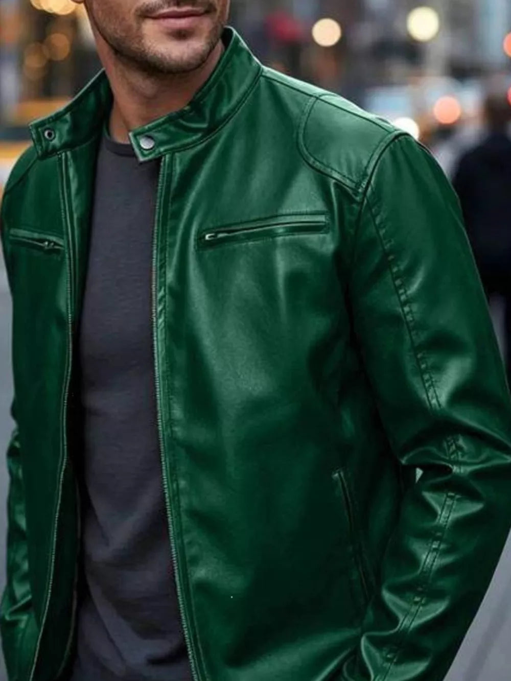 Men's Full Size Faux Leather Bomber Jacket, fabric detail