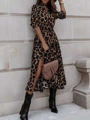 Leopard Print Button-down Midi Dress With Belt in regular leopard print, alternate angle