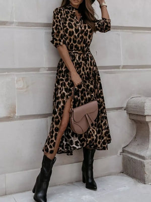 Leopard Print Button-down Midi Dress With Belt in regular leopard print, alternate angle
