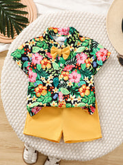 Baby boys' tropical print shirt and yellow shorts set with bow tie