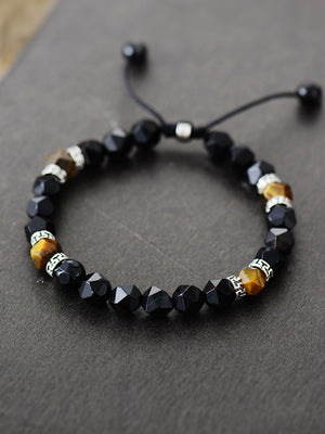 Black agate and tiger's eye bead bracelet with adjustable cord and silver accents