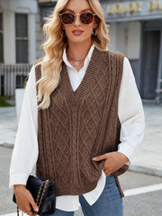 Brown cable knit V-neck sweater vest with diamond pattern detail.