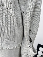 Light gray distressed cotton sweater set with deconstructed details and ripped accents.