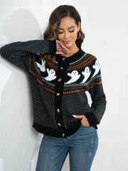 Black button-down cardigan with ghost fair isle pattern and ribbed cuffs.